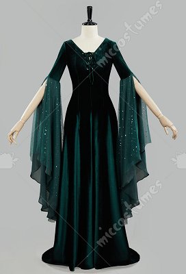green velvet elf dress Medieval Renaissance Costume Style Dark Long Lace-up 50948