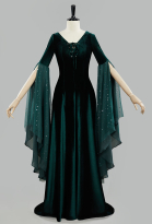 Costume médiéval Renaissance style elfe Robe longue à lacets en velours vert foncé