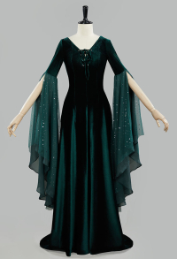 Medieval Renaissance Costume Elf Style Dark Green Velvet Long Lace-up Dress