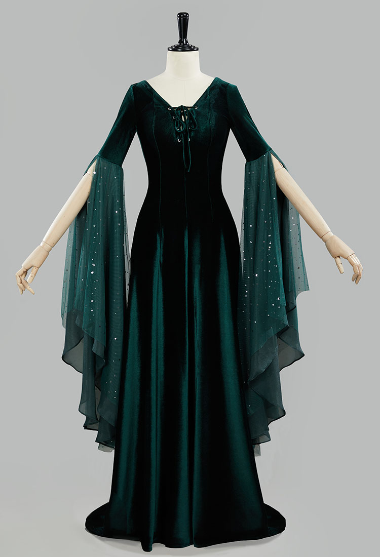 Medieval Renaissance Costume Elf Style Dark Green Velvet Long Lace-up Dress