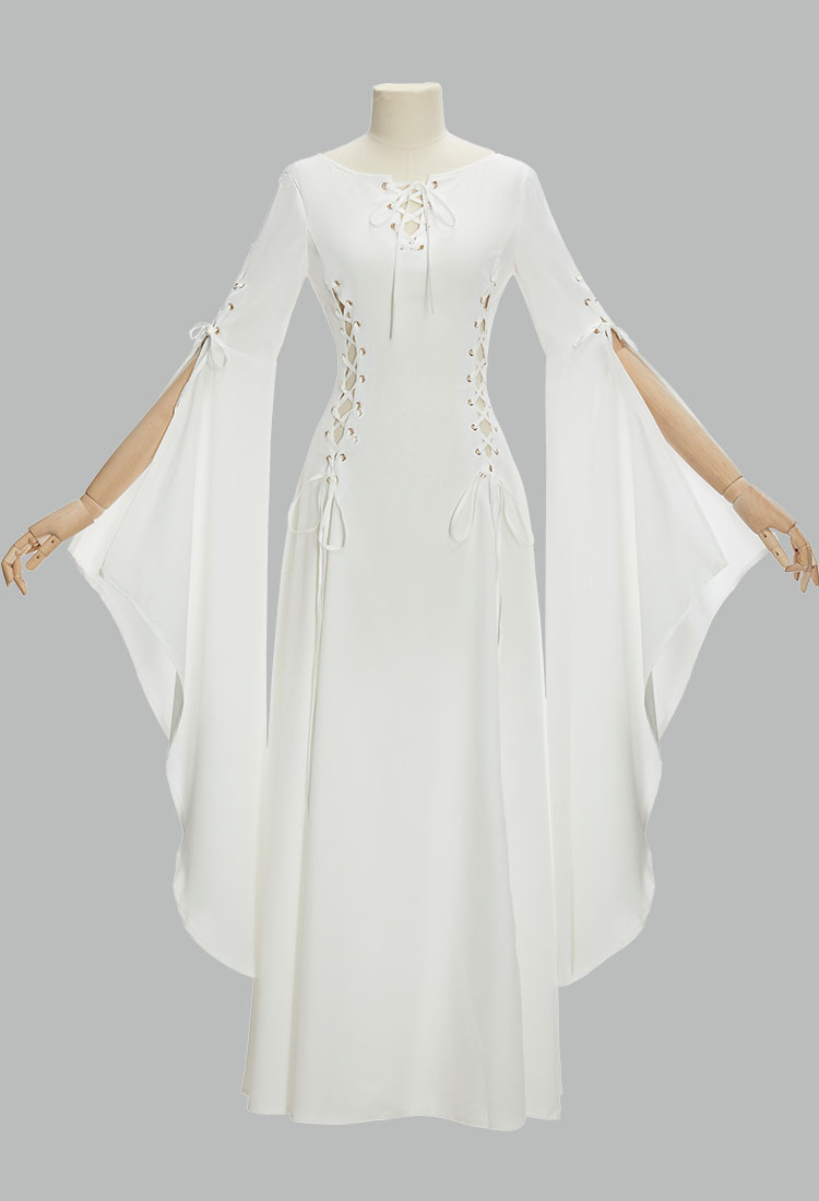 Medieval Renaissance Dress White Long Sleeves Vintage Wedding Dress