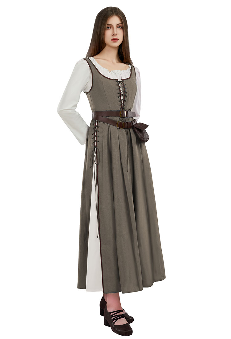 Medieval Renaissance Dress Wheat Color Vintage Fake Two Piece Dress with Belt and Waist Bag