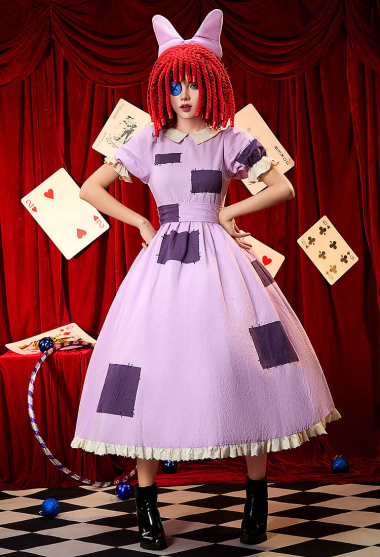 TADC Ragatha Cosplay Costume Purple Patchwork Dress with Belt and Braids Hair Accessories