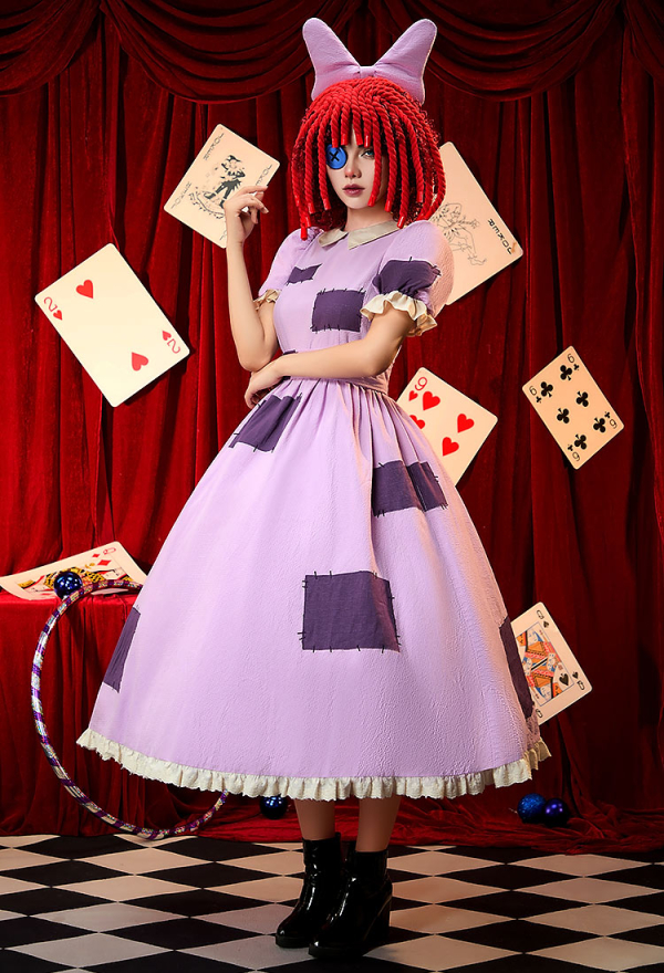 TADC Ragatha Cosplay Costume Purple Patchwork Dress with Belt and Braids Hair Accessories TADC Ragatha Cosplay Costume Purple Patchwork Dress with Belt and Braids Hair Accessories