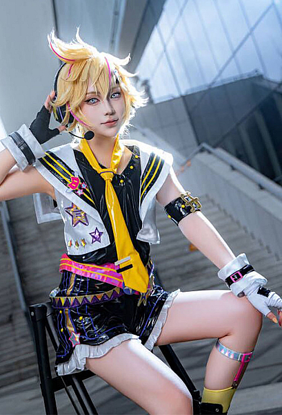 Premium Full Set Muse Dash Len Cosplay Costume Top Vest Set and Pants with Tie