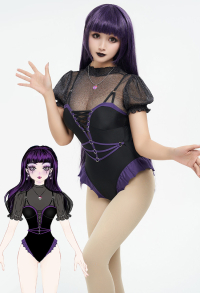 Goth Girl Gothic Black Net Yarn Spliced Lace-Up One-Piece Swimsuit