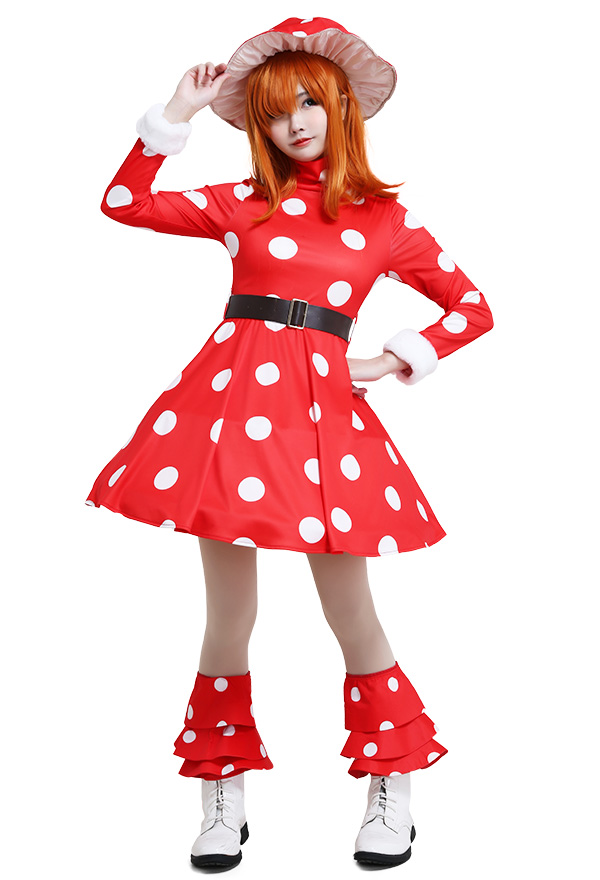 MHA Kinoko Komori Shemage Cosplay Costume Red Mushroom Turtleneck Dress White Fly Agaric Pattern Outfit with Hat