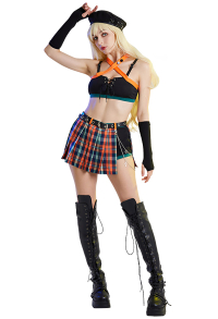 Women Gothic Summer Suit Clubwear Party Set Bakugo Derivative Punk Short Halter Top and Plaid Skorts with Gloves and Belt
