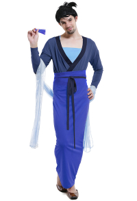 Adult Men's Chinese Fun Mulan Style Halloween Costume For Party Blue Dress