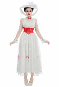 Mary Poppins Cosplay Costume White Dress with Hat and Gloves