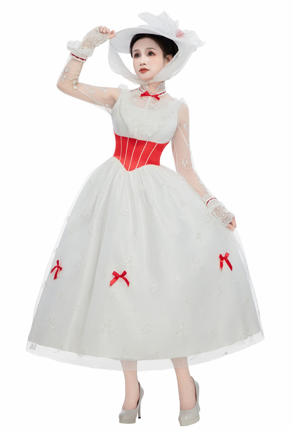 Mary Poppins Cosplay Costume White Dress with Hat and Gloves