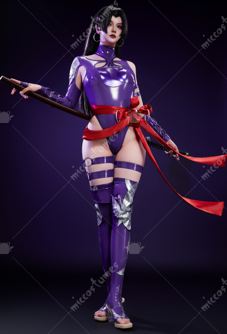 Rival Game Cosplay Costume Ninja Girl Purple Skin Bodysuit with Stocking Belt Premium Ver