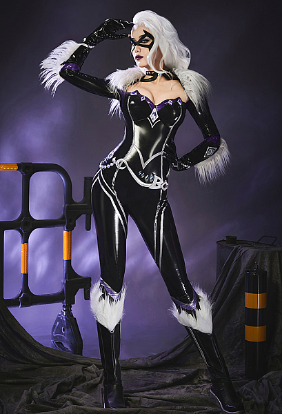 Rival Girl Black Cat Cosplay Costume Bodysuit with Gloves and Domino Mask
