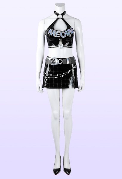 Rival Girl Black Cat Urban Paws Skin Cosplay Costume Top and Skirt with Shorts and Belt