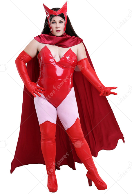 Plus Size Superheroine Cosplay Costume Bodysuit Curvy Cosplay Costume Inspired by Scarlet Witch with Gloves and Mask