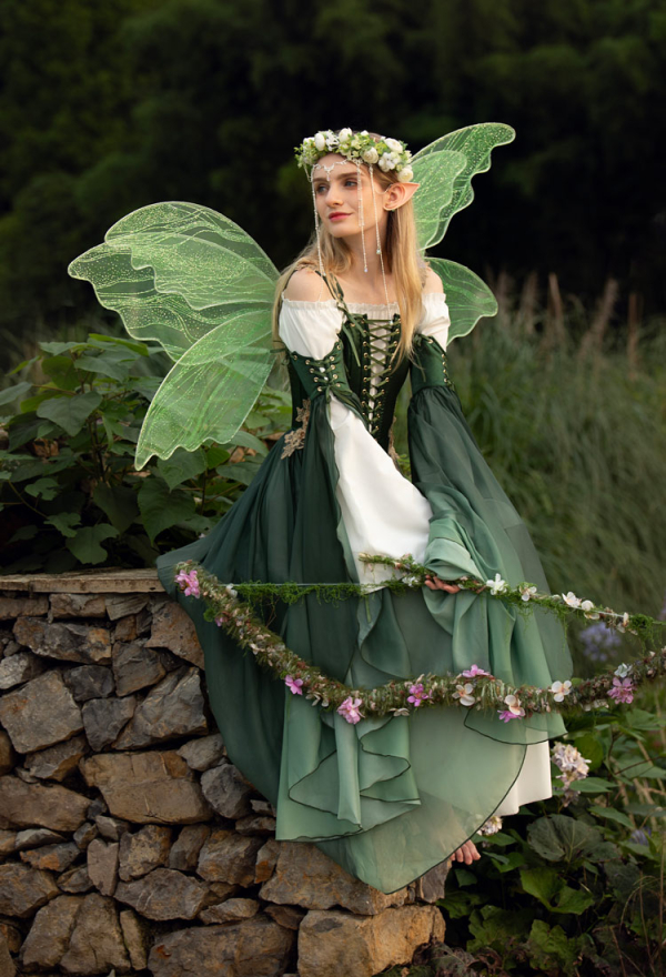 Women Medieval Renaissance Costume Elf Style Green Dress with