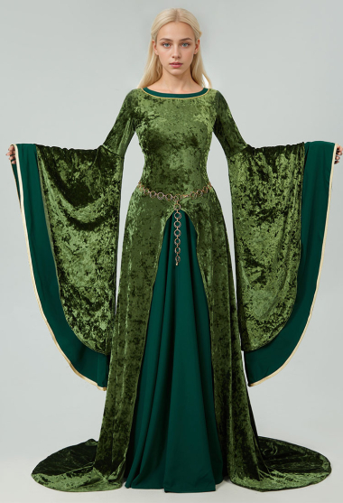 Renaissance Medieval Style Elinor Derivative Long Wide Sleeves Green Velvet Dress and Waist Chain Cosplay Costume