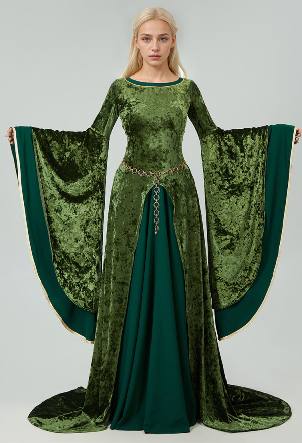 Renaissance Robe Médievale de Style d'Eleanor Robe en Velours Verte à Manches Longues et Chaîne de Taille