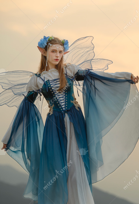 Medieval Renaissance Clothing Elf Style Blue Gradient Dress with Sleeves Cosplay Costume
