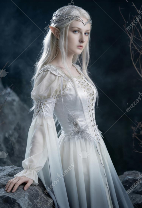 Winter Elf Medieval Renaissance Clothing Elf Style White Grey Gradient Dress with Sleeves Cosplay Costume