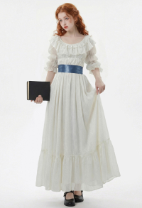 Cakuoyi Women Renaissance Medieval Costume Rococo Dress White Ruffle Dress with Belt