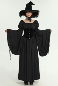 Medieval Renaissance Dress Witch Style Round Neck Wide Sleeve Dress and Corset