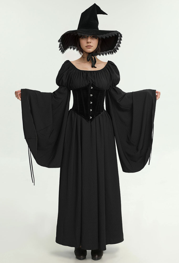 Mittelalterliches Renaissance Kleid im Hexenstil mit Rundhalsausschnitt weiten Ärmeln Bund