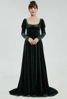 Medieval Renaissance Dress Court Style Low Neck Green Velvet Long Dress Gown