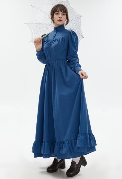 Women Medieval Renaissance Style Long Dress Costume - Blue Puff Sleeves  Ruffles High Neck Dress Cosplay | Top Quality Dress for Sale