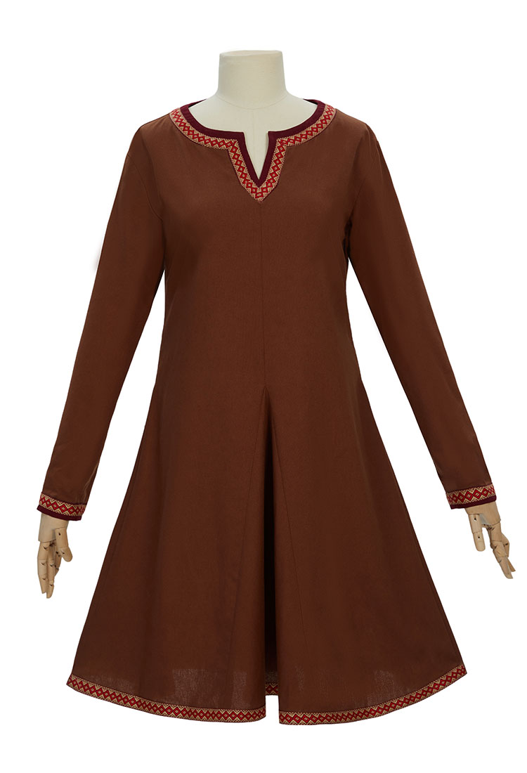 Medieval Vintage Viking Style Long Sleeve Dress Renaissance Underdress Brown Short Dress