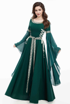 Medieval Renaissance Costume Outfit Vintage Dark Green Dress with Braided Belt