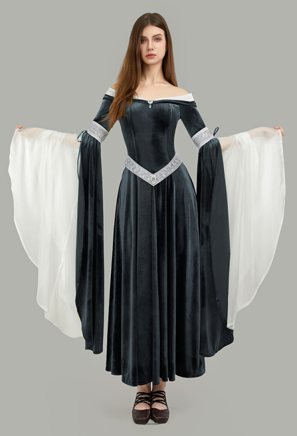 Medieval Renaissance Dress - Fairy Style Off Shoulder Grey Velvet Long Slim Fit Dress Cosplay | Top Quality Dress for Sale Medieval Renaissance Dress - Fairy Style Off Shoulder Grey Velvet Long Slim Fit Dress Cosplay | Top Quality Dress for Sale