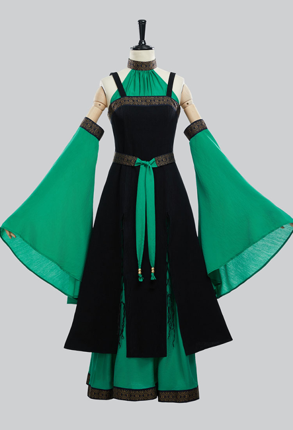 Medieval Renaissance Costume Viking Elf Style Black and Green Off-Shoulder Dress with Belt and Sleeves