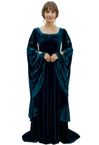 Medieval Renaissance Historical Blue Celtic Fairy Velvet Square Neck Wide Sleeve Long Gown