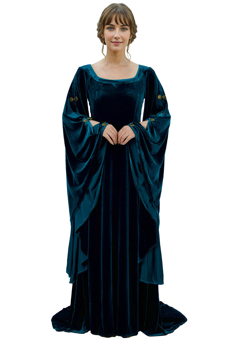 Medieval Renaissance Historical Blue Celtic Fairy Velvet Square Neck Wide Sleeve Long Gown