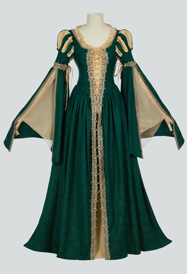 Medieval Renaissance Dress - Green and Yellow Vintage Wide Sleeve Dress |  Top Quality Dress for Sale