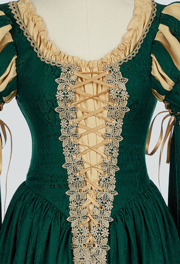 Medieval Renaissance Dress - Green and Yellow Vintage Wide Sleeve Dress |  Top Quality Dress for Sale