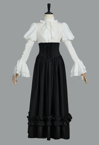 Vintage Victorian Style Blouse Skirt Set Medieval Gothic Halloween Costume with Tie