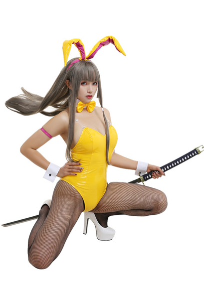 Muv-Luv Total Eclipse Takamura Yui Yellow and Purple Cute Bunny Girl One Piece Bodysuit Backless Bunny Suit Outfits Cosplay Costume with Headdress and Collar