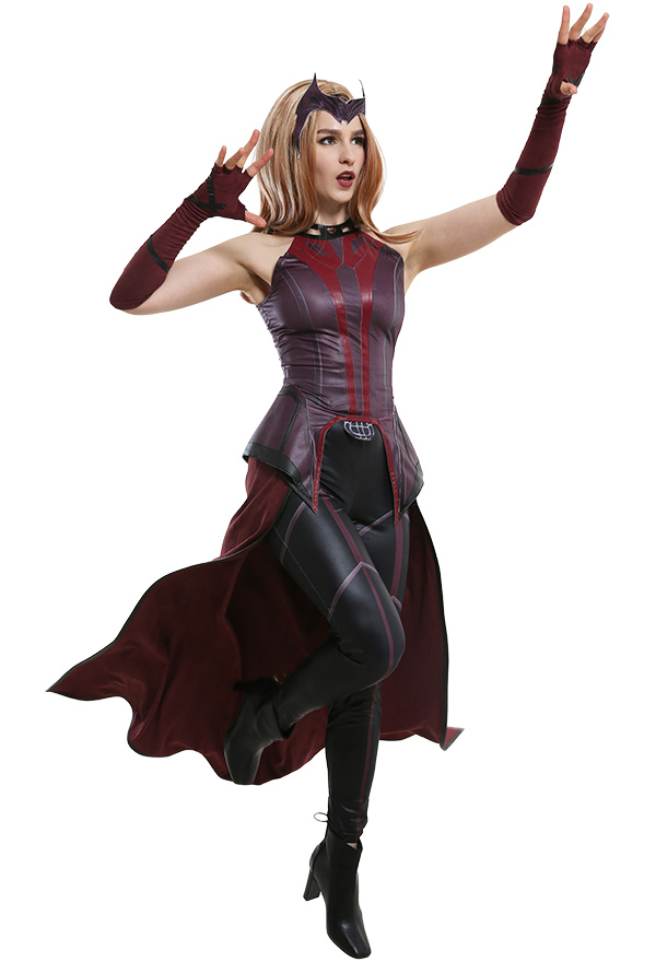 Super Heroine Wanda Maximoff Scarlet Witch Sleeveless Coat Cosplay Costume  Outfit Inspired by WandaVision with Outer Skirt and Long Gloves