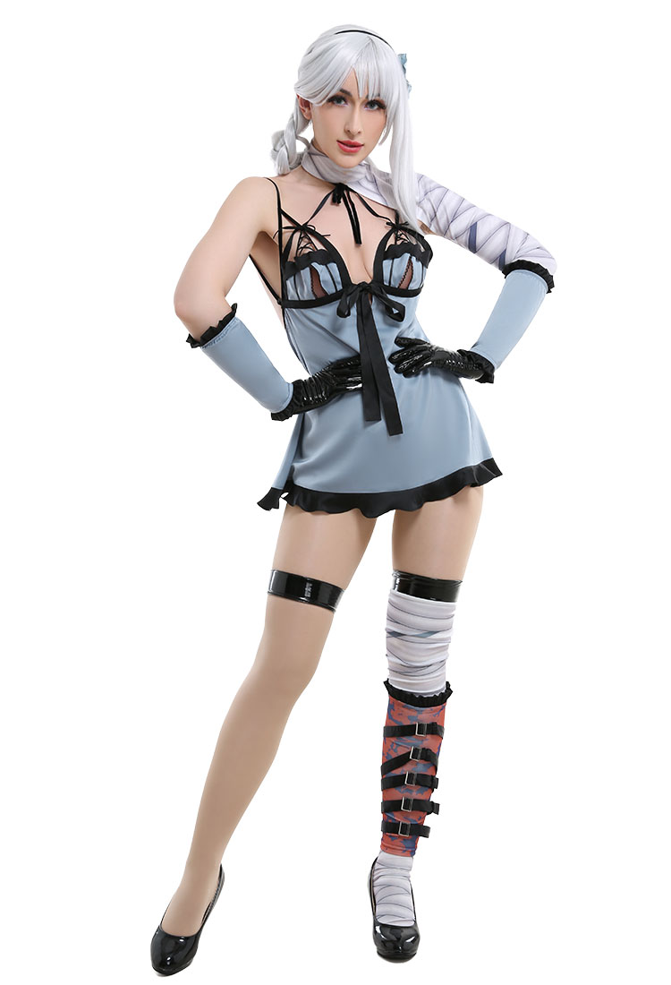 Nier Replicant No.1 Kaine Sexy Bow-Strapped Lingerie Sleepwear Suspender Light Blue Dress Full Set Cosplay Costume with Leggings