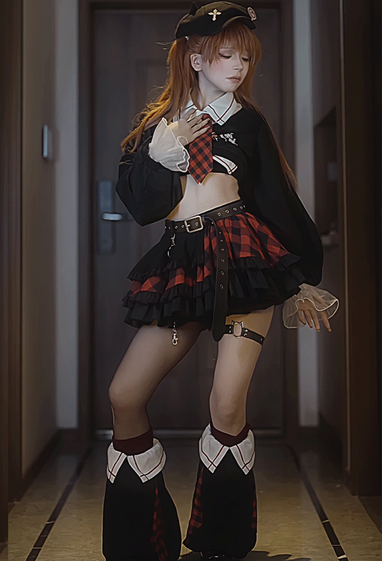 Anime Girl Cosplay Costume Black Top and Plaid Skirt with Leg Warmers and Hat