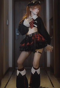 Anime Girl Cosplay Costume Black Top and Plaid Skirt with Leg Warmers and Hat