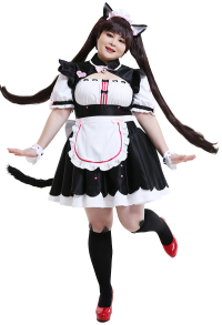 Plus Size Nekopara Chocola Maid Dress Outfit Curvy Cosplay Costume with Cat Ears and Lace Hairband