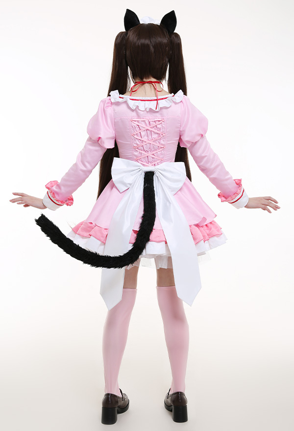 Nekopara Vol. 4 Chocola Catgirl Cosplay Disfraz Cofre Vestido de Sirvienta Abierto Cuello Redondo con Volantes Manga Larga Conjunto Completo con Orejas Pinzas para el Pelo Gargantilla