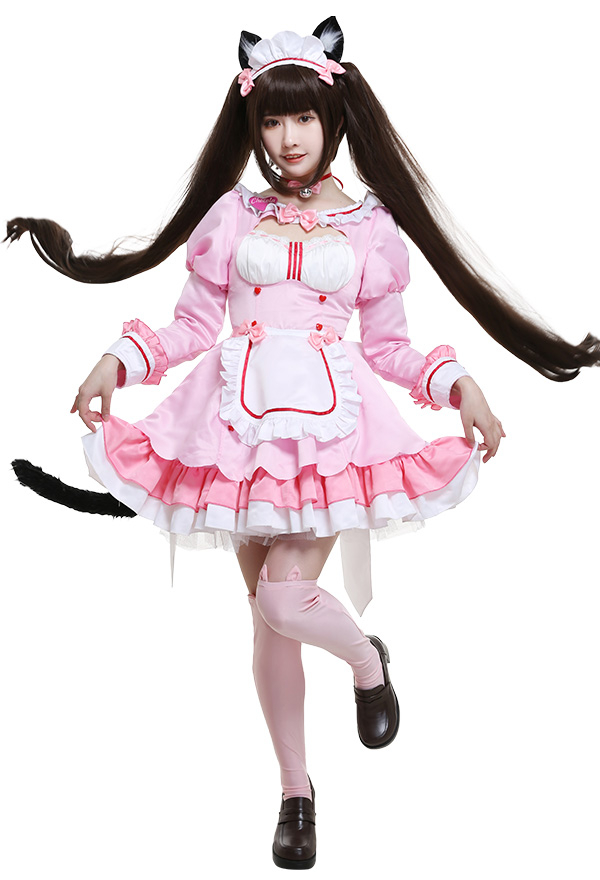 Nekopara Vol.4 Costume de Cosplay Chocola Catgirl Robe de Domestique Maid Rose avec Oreilles et Queue