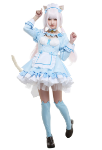 Nekopara Vol. 4 Vanilla Catgirl Cosplay Costume Chest Open Maid Dress Ruffled Round Collar Long Sleeve Full Set with Ears Hairband Choker Tail