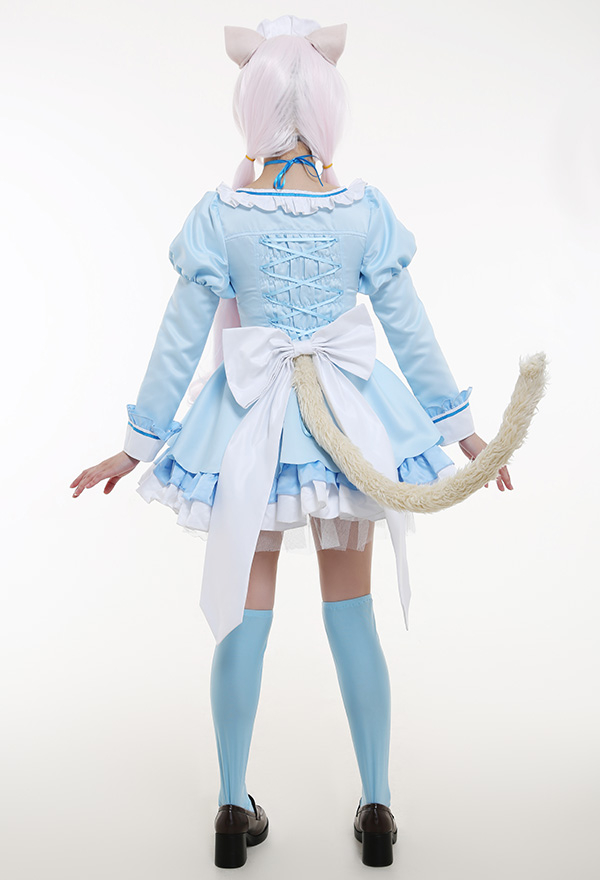 Nekopara Vol.4 Costume de Cosplay Vanilla Catgirl Robe de Domestique Maid Bleue avec Oreilles et Queue