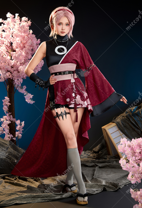 Ninja Sakura Derivative Outfit Asymmetrical Coat and Sleeveless Top with Shorts and Waist Cincher