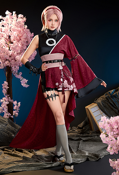 Ninja Sakura Derivative Outfit Asymmetrical Coat and Sleeveless Top with Shorts and Waist Cincher